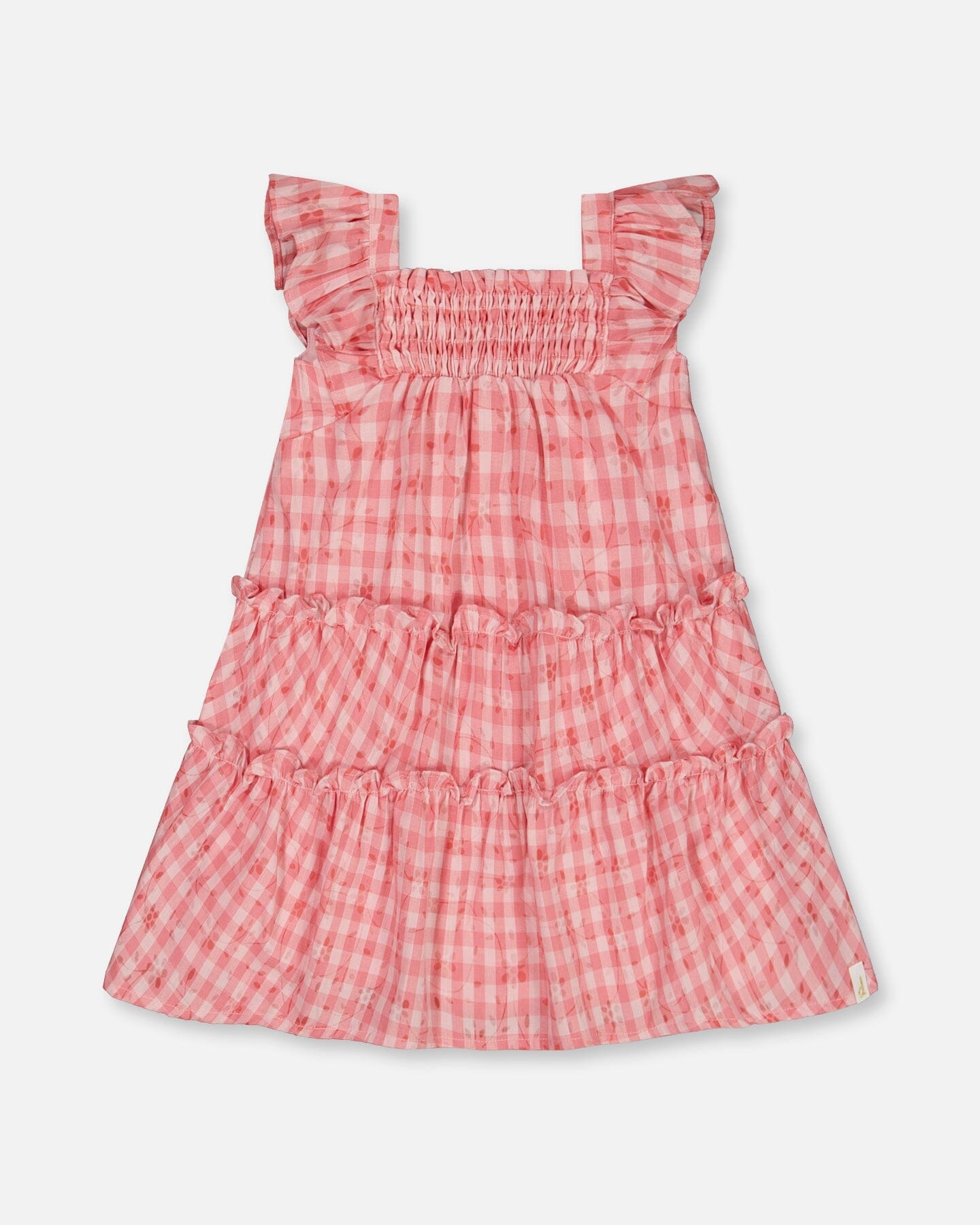 Smocked Layered Dress With Frill Sleeve Checked Pink-0