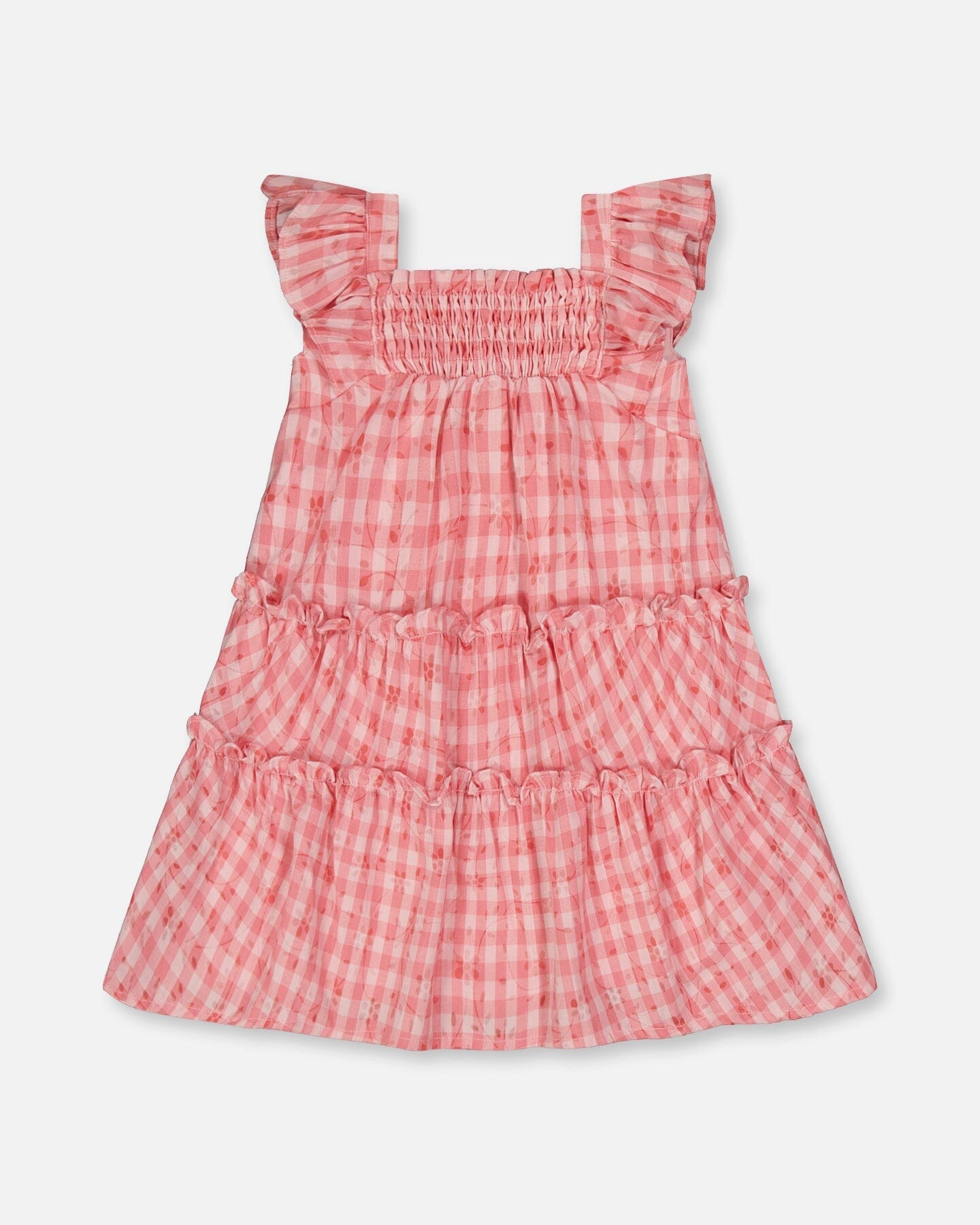 Smocked Layered Dress With Frill Sleeve Checked Pink-2