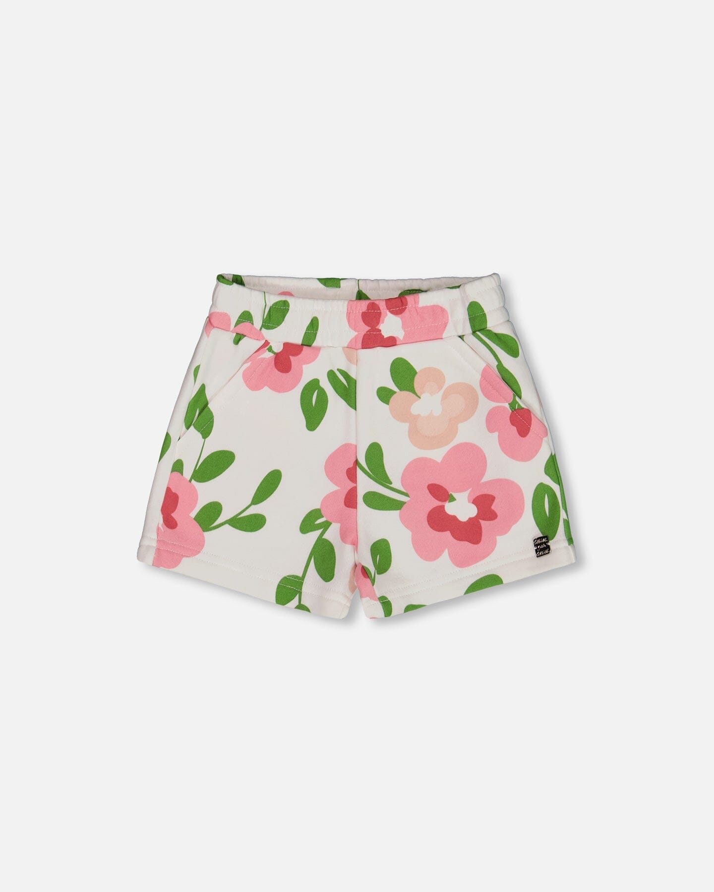 Printed French Terry Short Pink Flowers On White Background-0