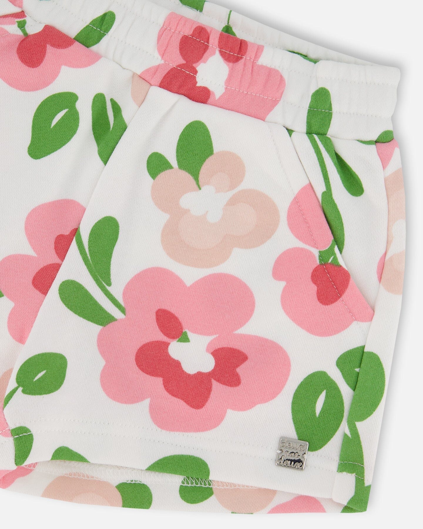 Printed French Terry Short Pink Flowers On White Background-4