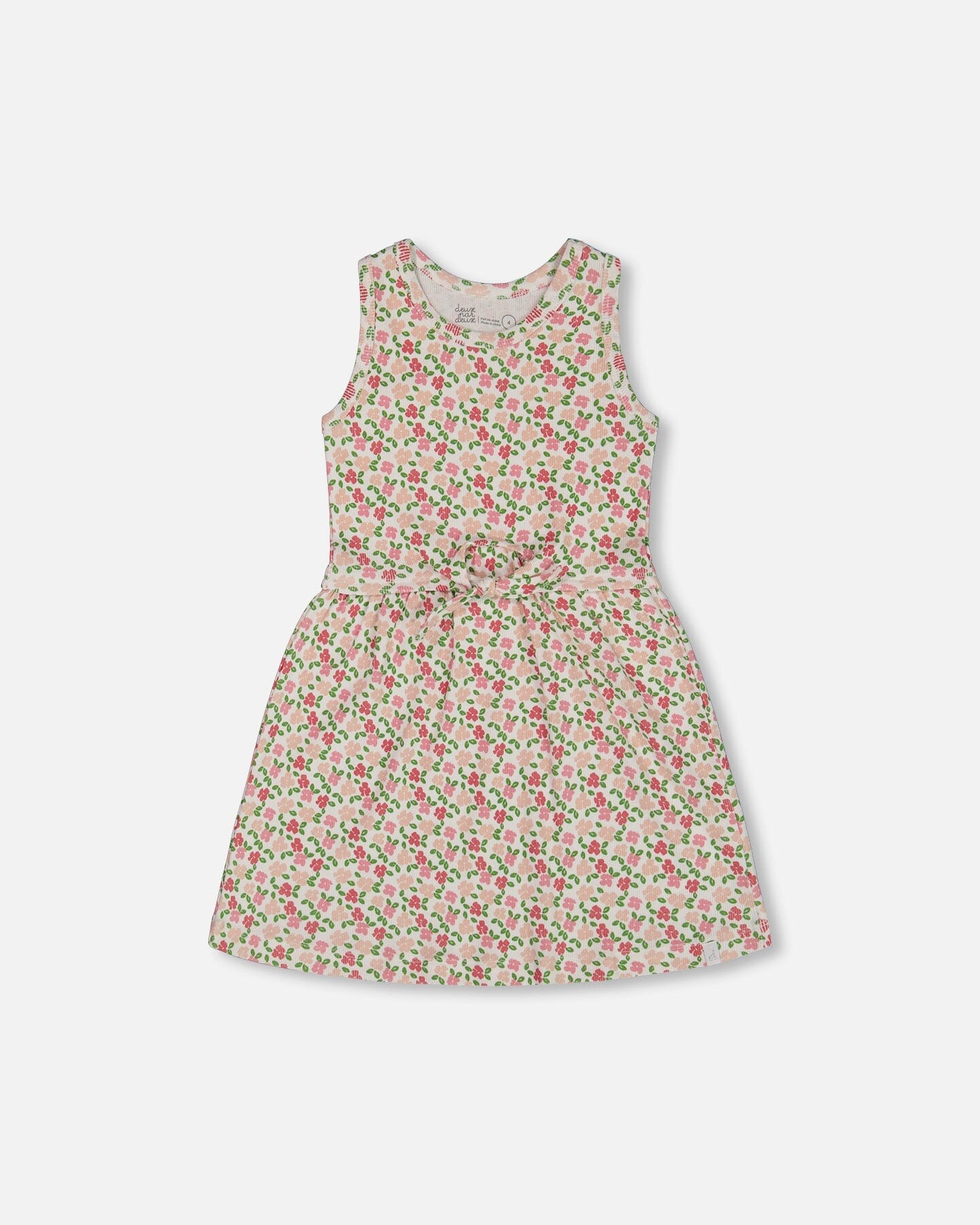 Printed Ribbed Dress With Waist Tie Small Flowers On White Background-0