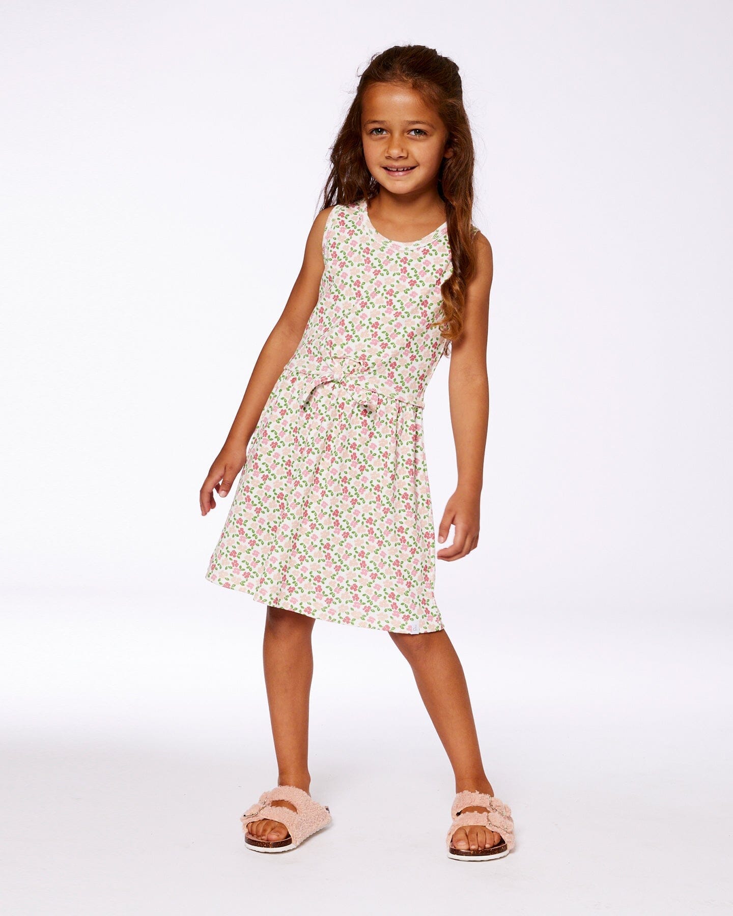 Printed Ribbed Dress With Waist Tie Small Flowers On White Background-1