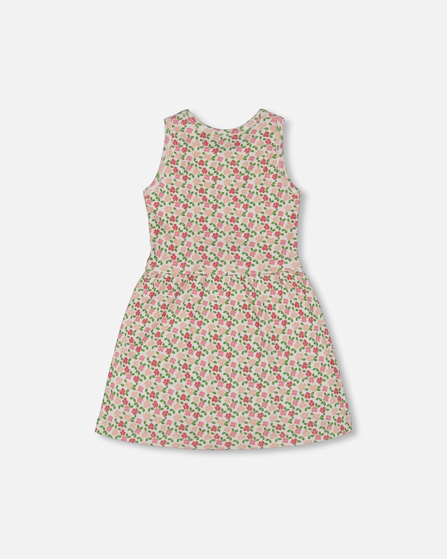 Printed Ribbed Dress With Waist Tie Small Flowers On White Background-2