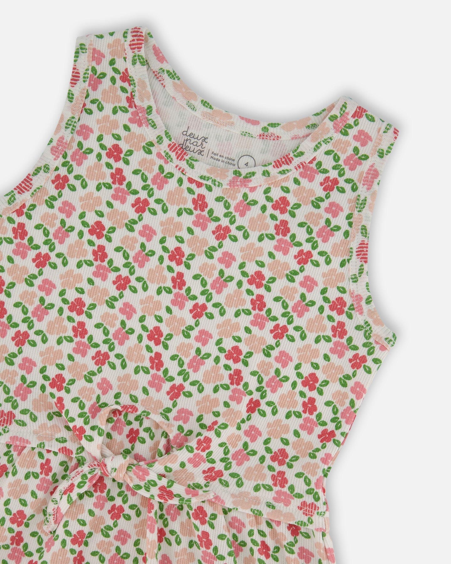 Printed Ribbed Dress With Waist Tie Small Flowers On White Background-3