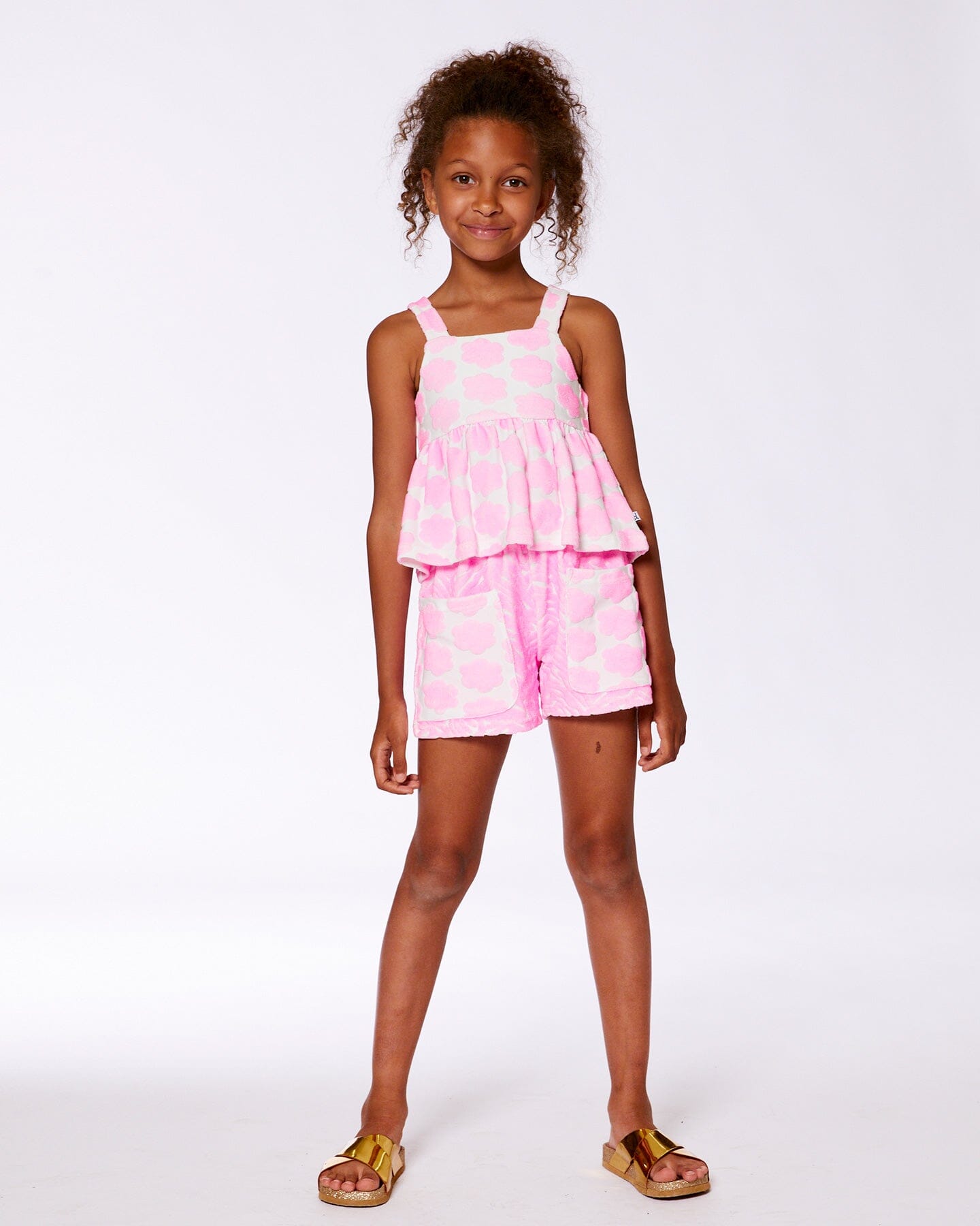 Printed Terry Tank Top And Shorts Set Vibrant Pink And White-1