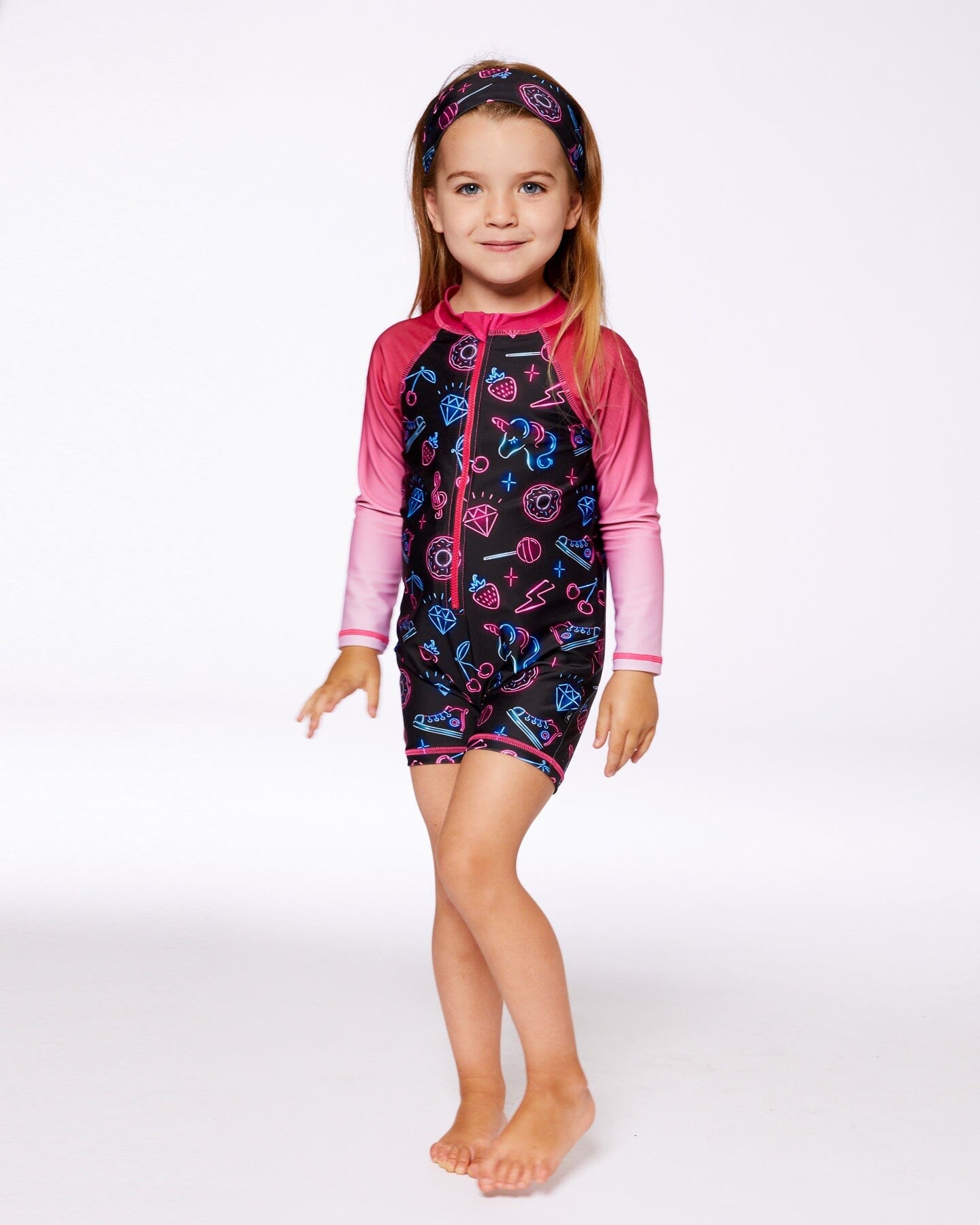Printed Long Sleeve One-Piece Rashguard Black And Blue And Pink Items-1