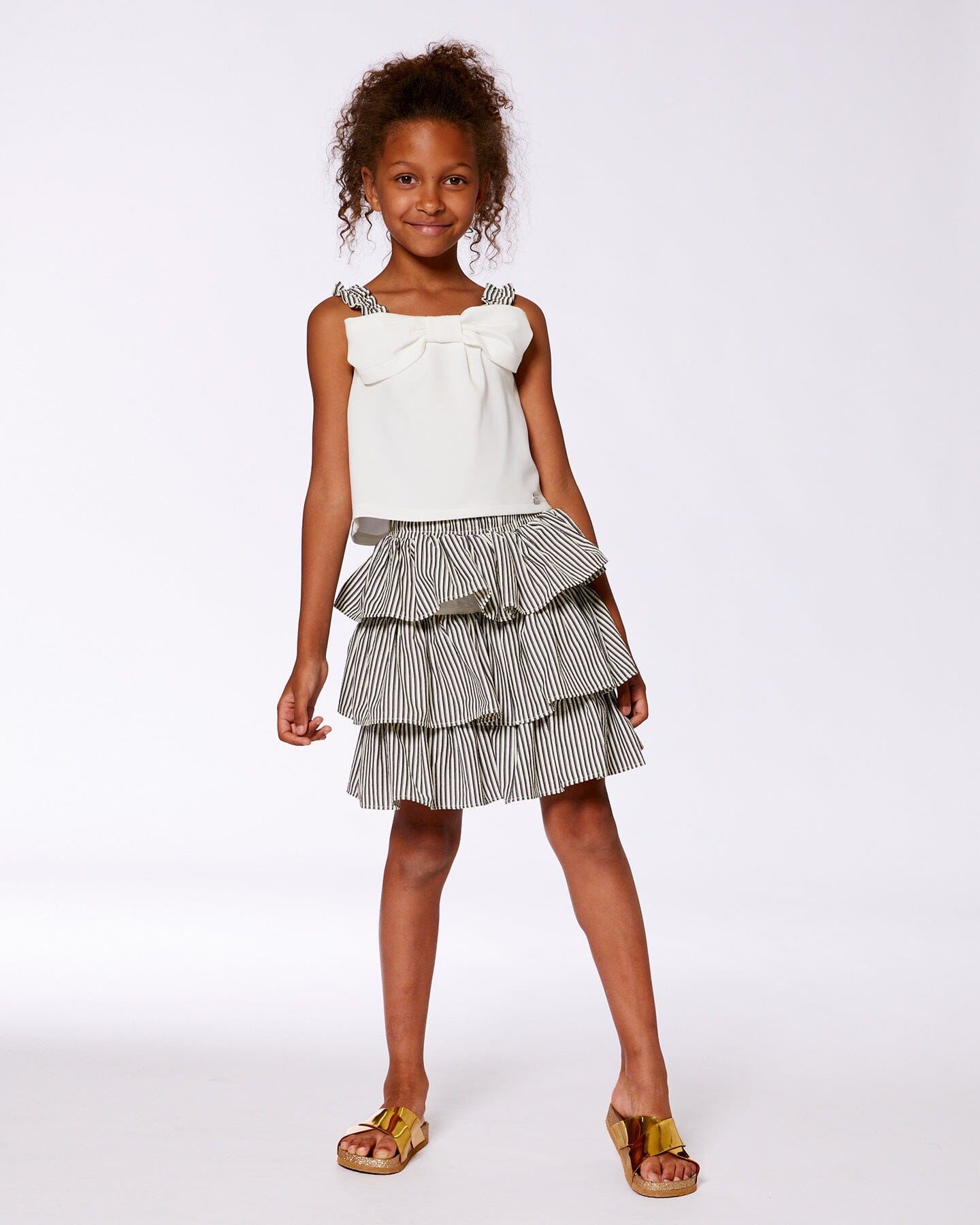 Bow Top And Ruffled Skirt Set White And Black Striped-1