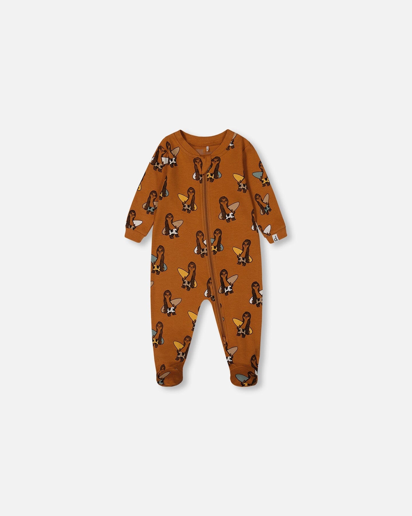 Printed Organic Cotton One-Piece Pajama Sloths On Tan Background-0