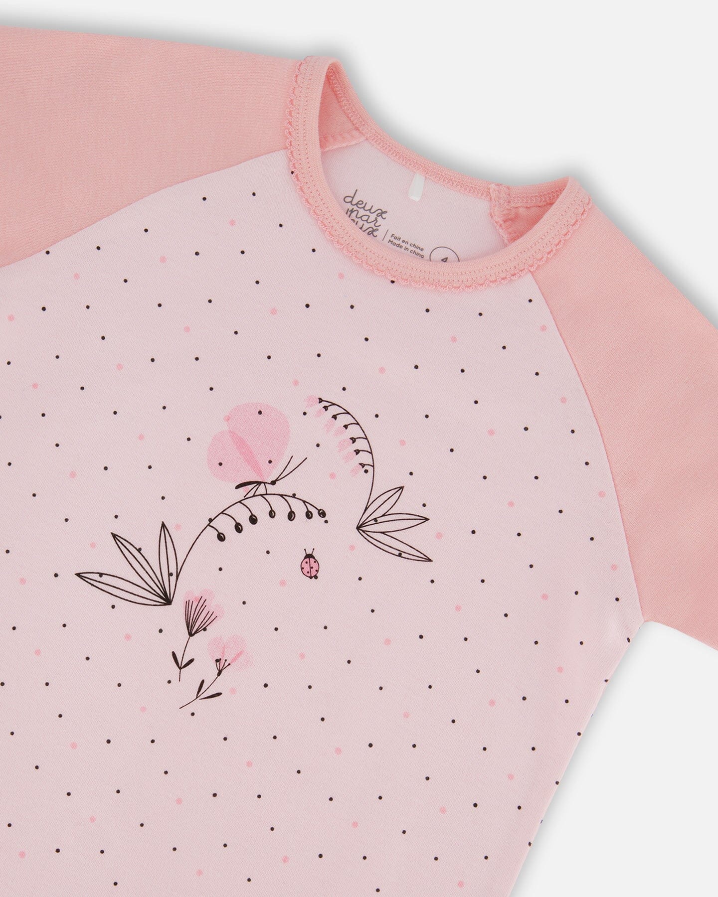 Organic Cotton Two-Piece Short Pajama Set Small Pink Flowers On Pale Pink Background-1