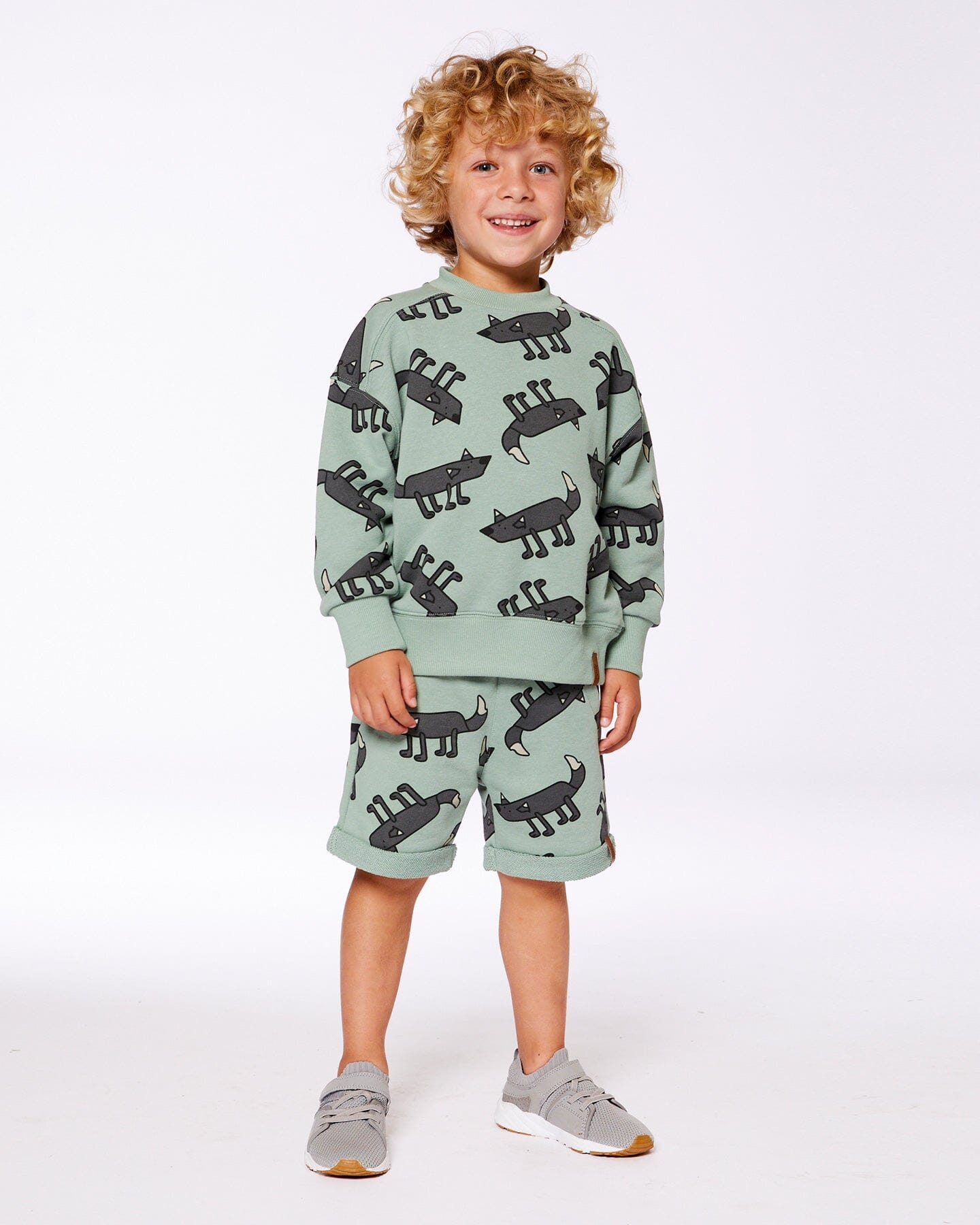 Printed French Terry Short Gray Wolf On Teal Background-1