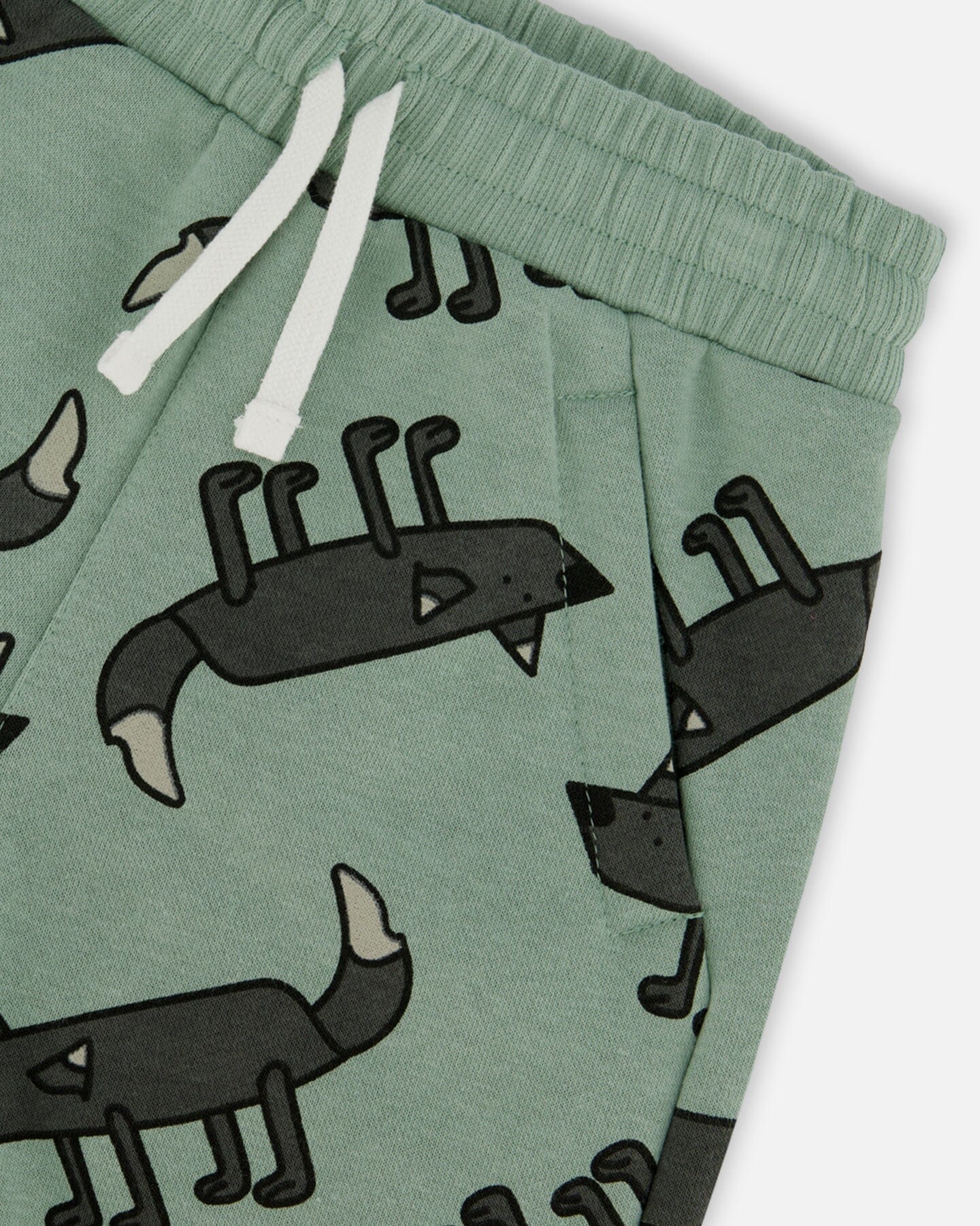 Printed French Terry Short Gray Wolf On Teal Background-3