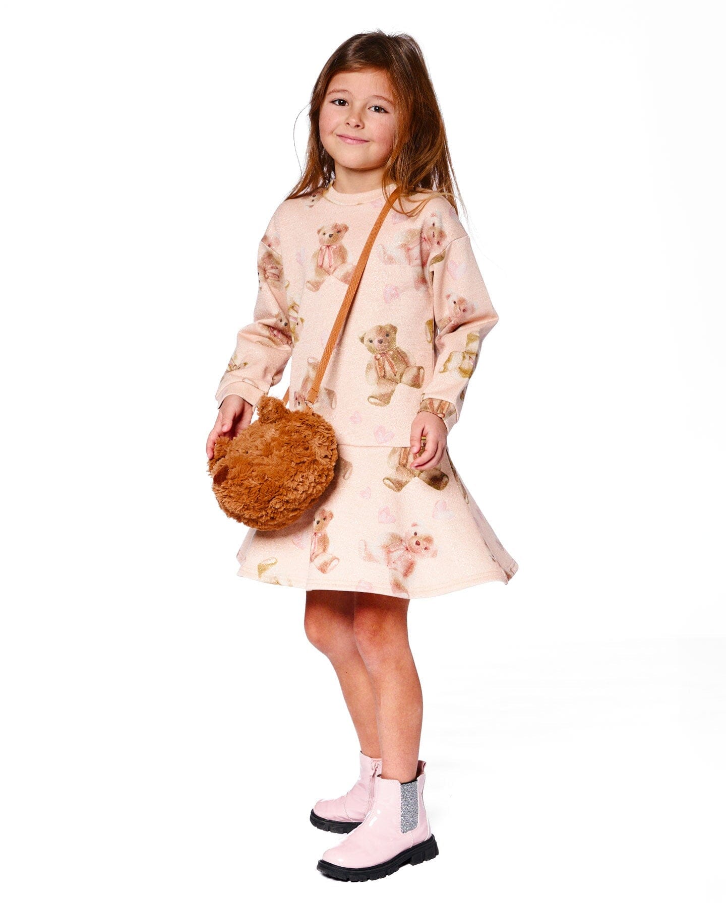 Glittering French Terry Dress Beige Teddy Bear Print-1