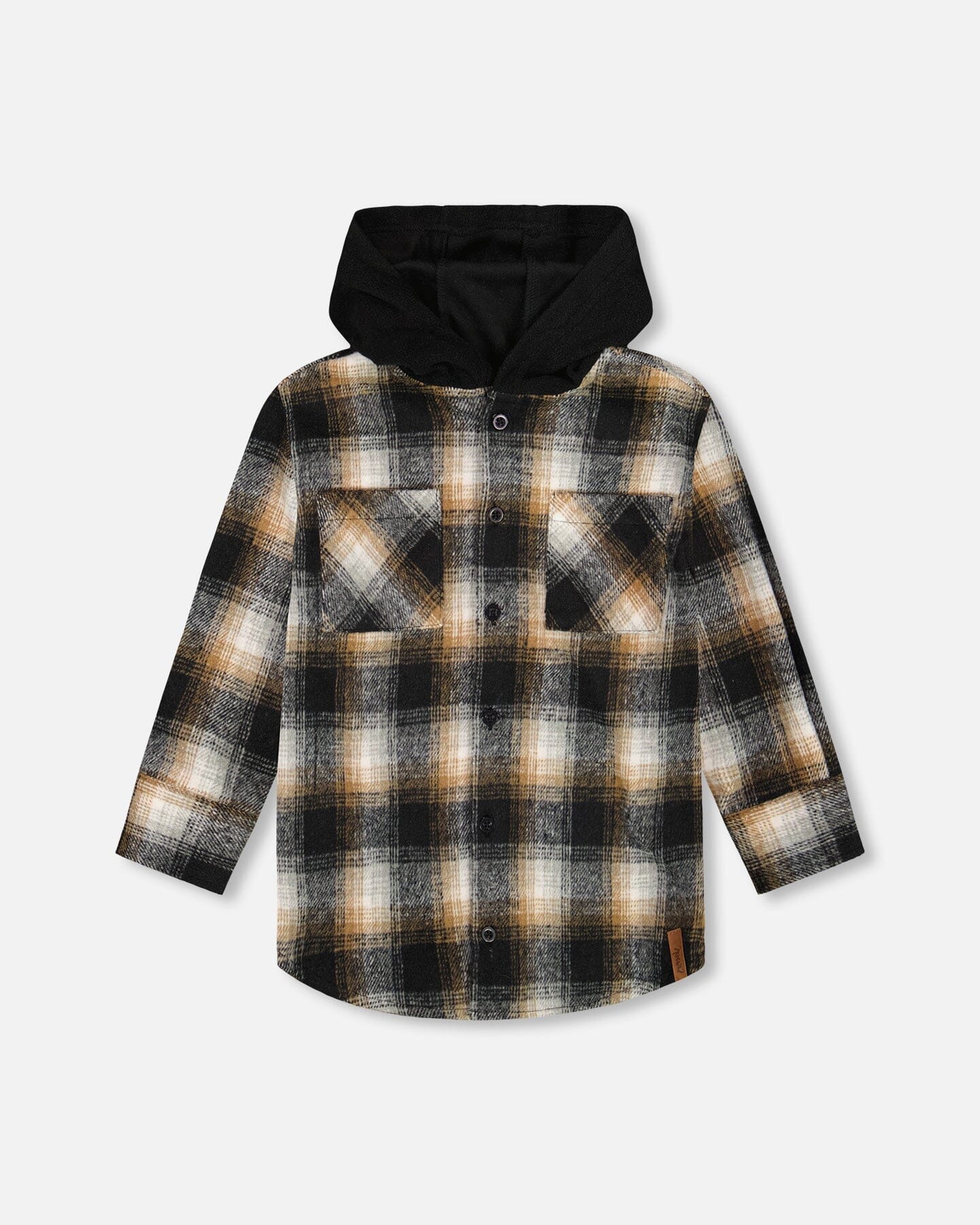 Hooded Polar Fleece Overshirt With Hood Black And Brown Plaid-0