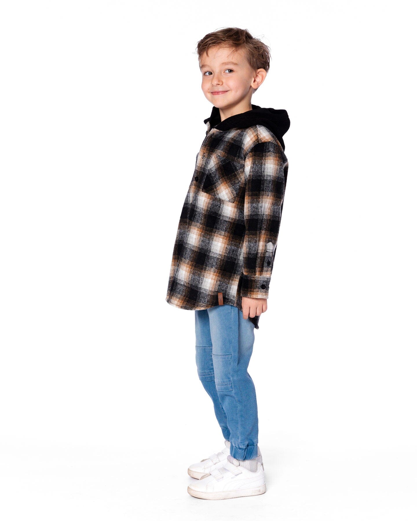 Hooded Polar Fleece Overshirt With Hood Black And Brown Plaid-1