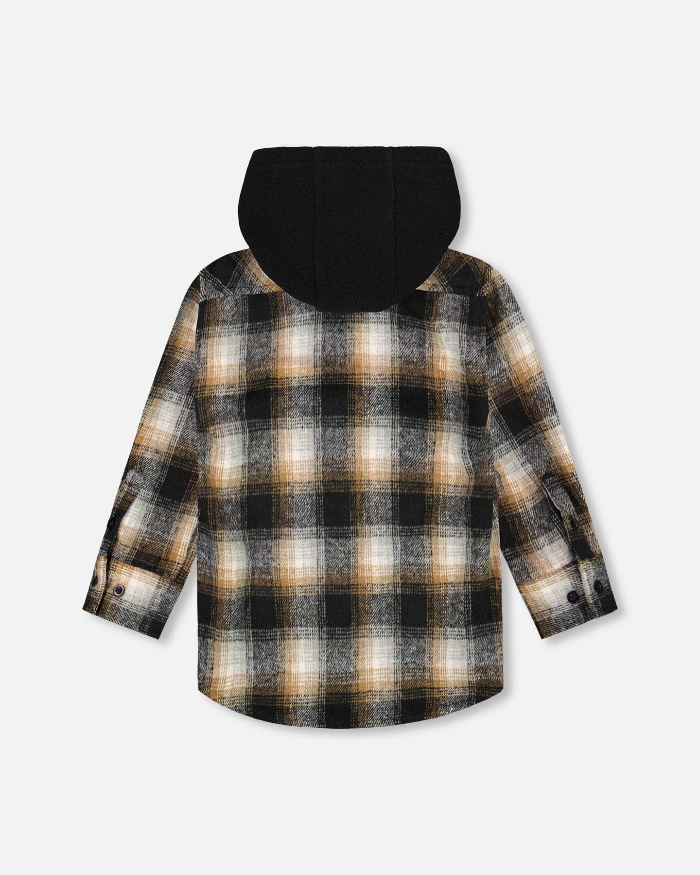 Hooded Polar Fleece Overshirt With Hood Black And Brown Plaid-2