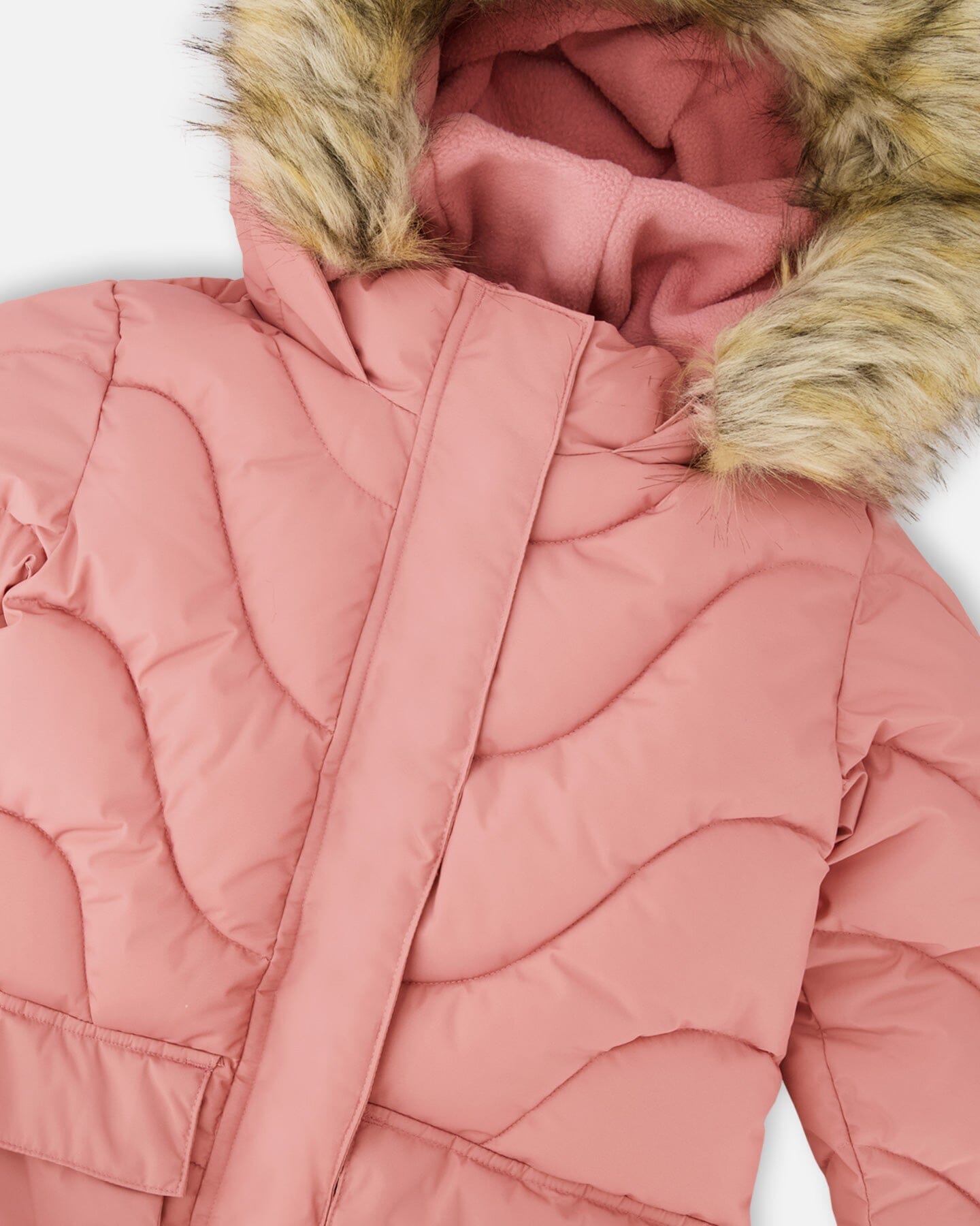 Long Wavy Quilt Puffy Coat Dusty Pink-4