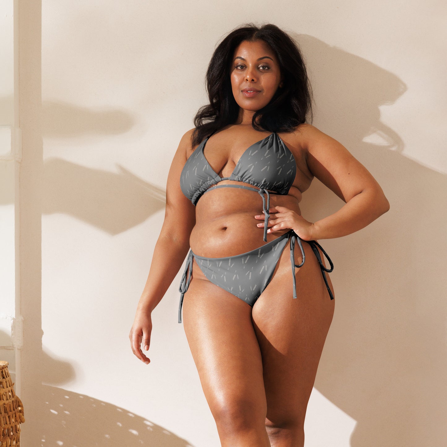 Grano Pattern Print String Bikini - Grey-3
