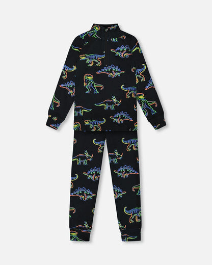 Two Piece Thermal Underwear Set Black Printed Neon Dino-0