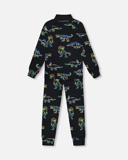 Two Piece Thermal Underwear Set Black Printed Neon Dino-2