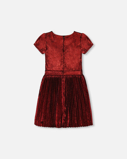 Short Sleeve Dress With Pleated Skirt Metallic Red-3