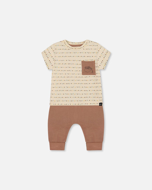 Printed Organic Cotton Top And Pant Set Brown, Beige, And Monkey-0