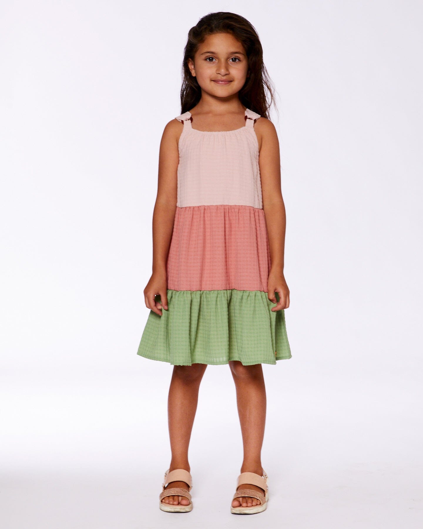 Tiered Color Block Peasant Dress Peach Pink And Green-2