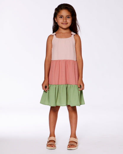 Tiered Color Block Peasant Dress Peach Pink And Green-2