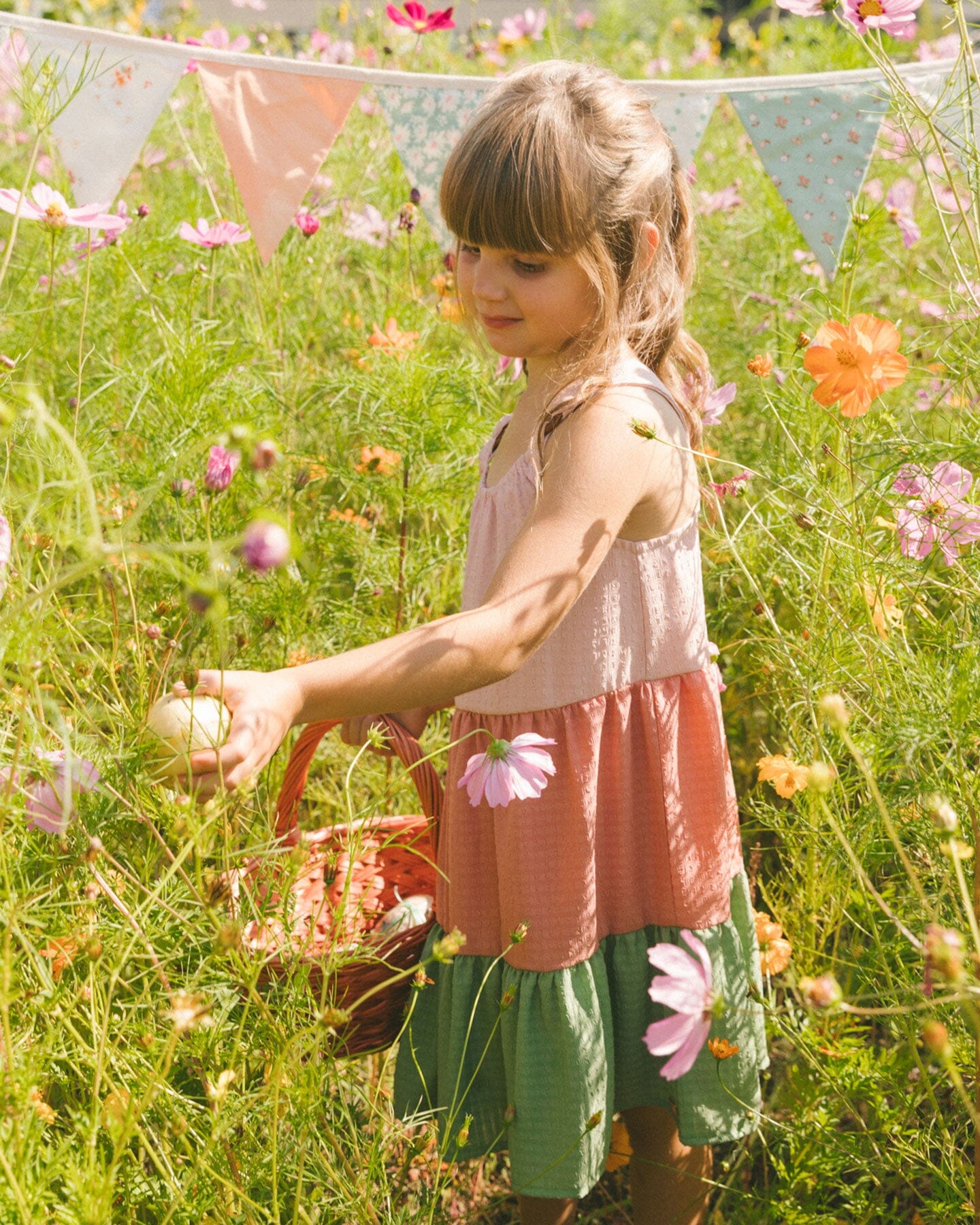 Tiered Color Block Peasant Dress Peach Pink And Green-3