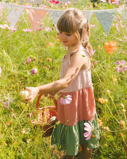 Tiered Color Block Peasant Dress Peach Pink And Green-3