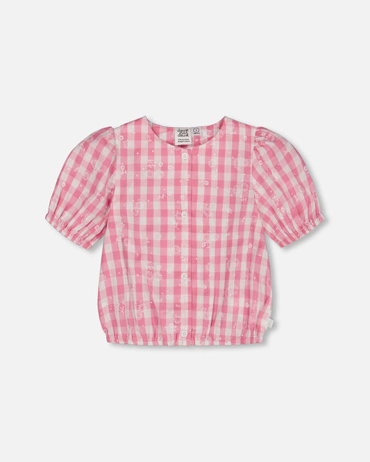 Puff Sleeve Top Pink And White Checks-0