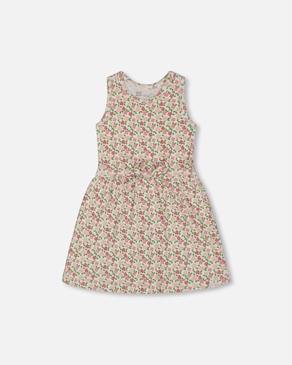 Printed Ribbed Dress With Waist Tie Small Flowers On White Background-0