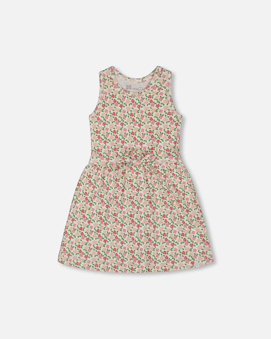 Printed Ribbed Dress With Waist Tie Small Flowers On White Background-0