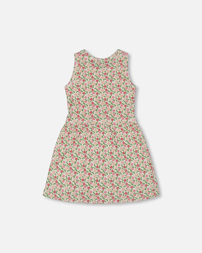 Printed Ribbed Dress With Waist Tie Small Flowers On White Background-2