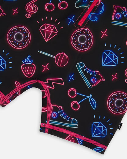 Printed Long Sleeve One-Piece Rashguard Black And Blue And Pink Items-3