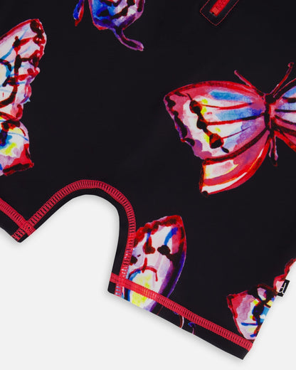 Printed Long Sleeve One-Piece Rashguard Black And Multicolored Butterflies-4