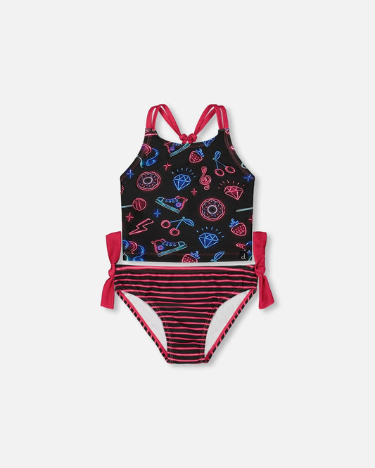 Printed Two-Piece Swimsuit Black And Blue And Pink Items-0