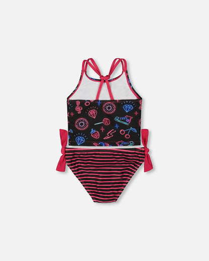 Printed Two-Piece Swimsuit Black And Blue And Pink Items-2