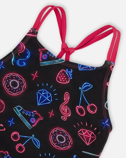 Printed Two-Piece Swimsuit Black And Blue And Pink Items-3