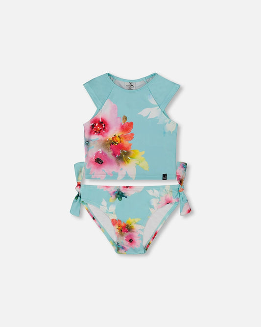 Printed Two-Piece Swimsuit Turquoise And Pink Flowers-0