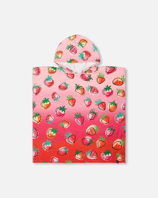 Bright Pink Strawberry Print Beach Poncho-0