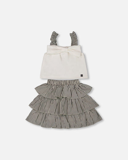 Bow Top And Ruffled Skirt Set White And Black Striped-0