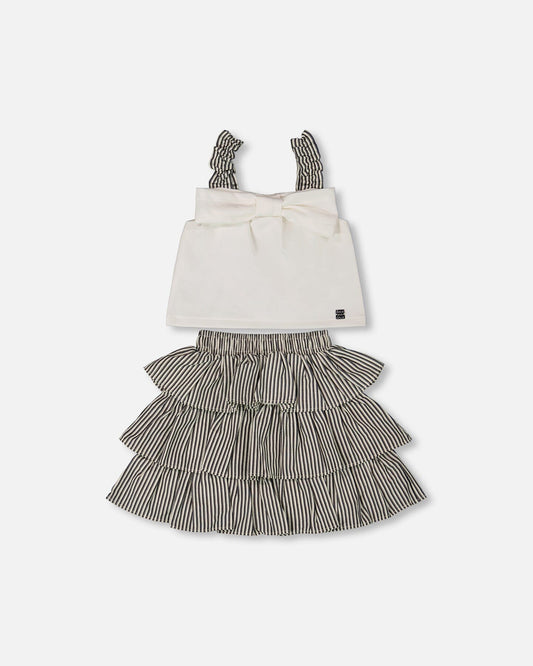 Bow Top And Ruffled Skirt Set White And Black Striped-0