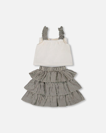 Bow Top And Ruffled Skirt Set White And Black Striped-2