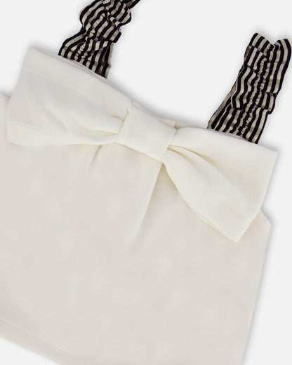 Bow Top And Ruffled Skirt Set White And Black Striped-3