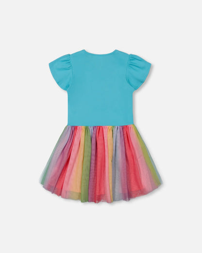 Bi-Material Dress With Printed Mesh Skirt Multicolored-3