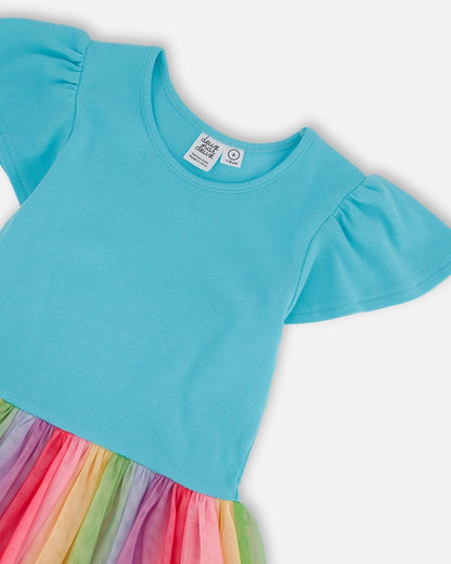Bi-Material Dress With Printed Mesh Skirt Multicolored-4