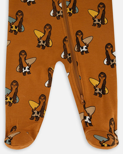 Printed Organic Cotton One-Piece Pajama Sloths On Tan Background-2