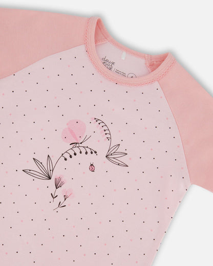 Organic Cotton Two-Piece Short Pajama Set Small Pink Flowers On Pale Pink Background-1