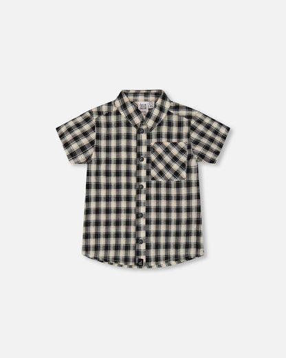 Short Sleeve Button Down Shirt Black And Beige Plaid-0