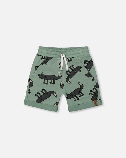 Printed French Terry Short Gray Wolf On Teal Background-0